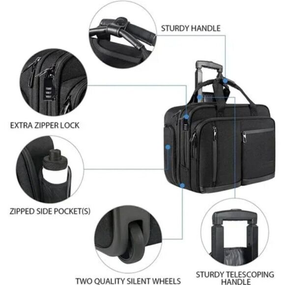 17.3 Inch Rolling Laptop Bag with RFID Pockets, Waterproof For Men, Women, Black - Picture 5 of 7